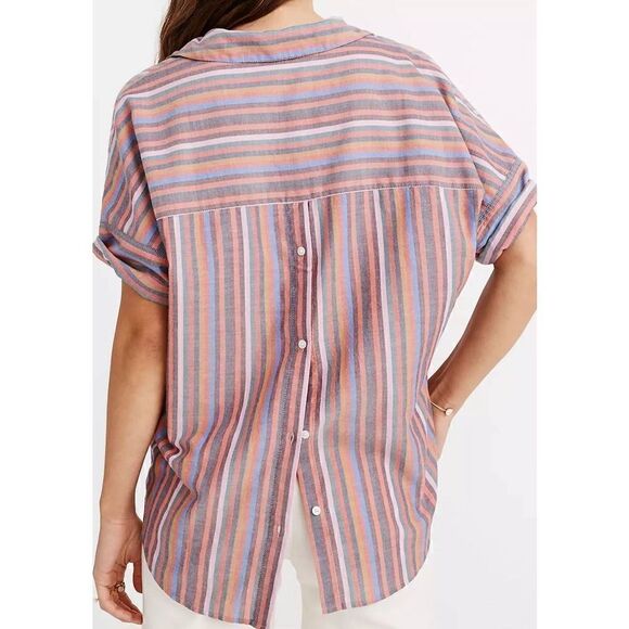 Madewell Women's V-Neck Multicolor Stipe Button-Back Courier Pullover Blouse Siz - Picture 10 of 10